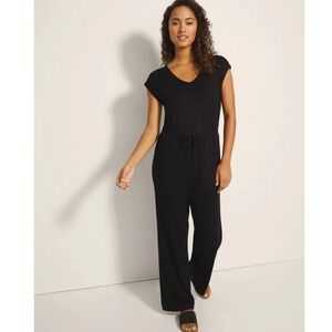 Soma Sunday Lounge Jumpsuit Black V-Neck Wide Leg Drawstring Pockets Small